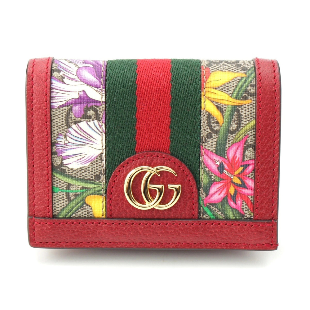 Gucci GG Floral Ophidia Bi fold Wallet Leather Red Multicolor